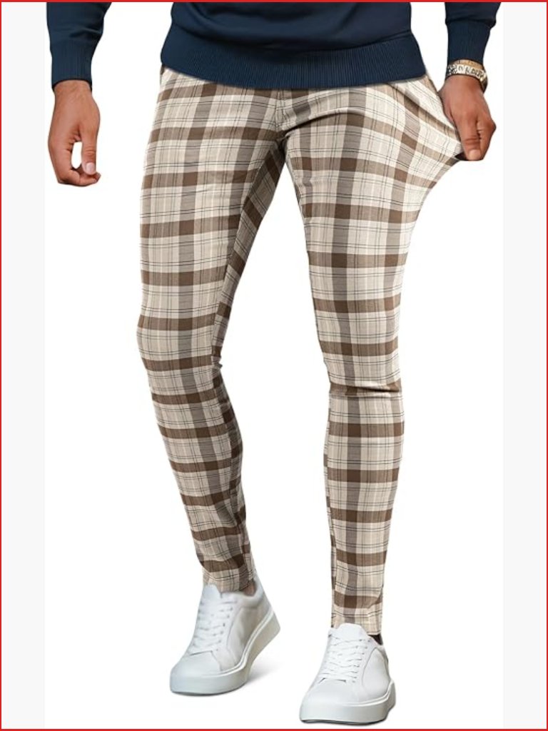 Mens Plaid Dress Pants Stretch Chino Pants Slim Fit Casual Pants